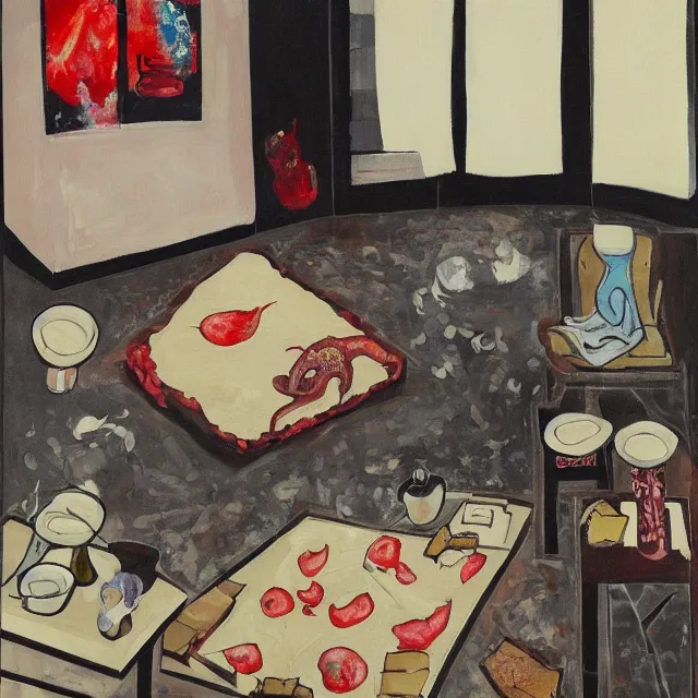 Prompt: a female artist's apartment, portrait of a woman sleeping, cracked japanese pottery vase, sensual, smouldering burnt envelopes, candles, white flowers, puddle of milk, octopus, squashed berries, pizza box, pancakes, black underwear, neo - expressionism, surrealism, acrylic and spray paint and oilstick on canvas