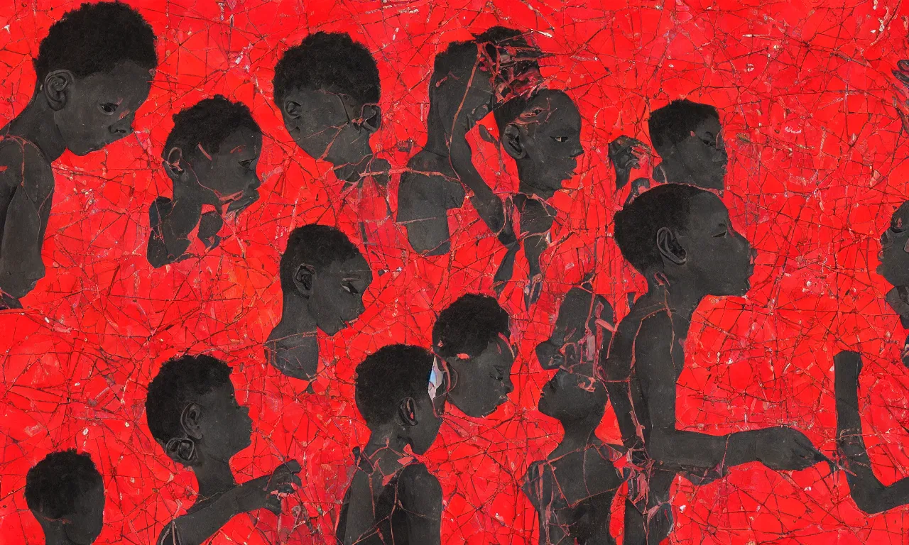 Prompt: black kids mixing with dna's structures in a red abstract background with broken mirrors, a detailed painting by Eden Seifu, trending on artstation