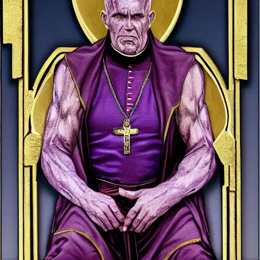 Image similar to pope thanos, purple skin, josh brolin, clerical clothes, full body shot, realistic, highly detailed