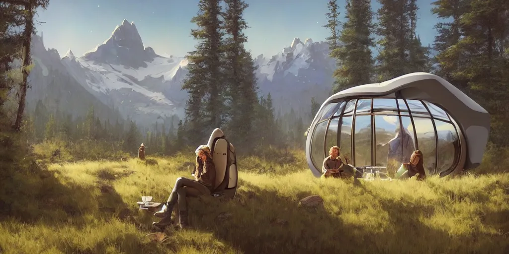 Prompt: cabela's beautiful comfortable futuristic pop up insulated all terrain family pod, cabin, modular, person in foreground, mountainous forested wilderness open fields, beautiful views, painterly concept art, joanna gaines, environmental concept art, farmhouse, magnolia, concept art illustration by ross tran, by james gurney, by craig mullins, by greg rutkowski trending on artstation