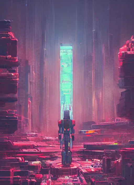 Image similar to a painting of a giant robot standing in front of a city, cyberpunk art by beeple art by james jean, behance contest winner, nuclear art, dystopian art, apocalypse art, sci - fi