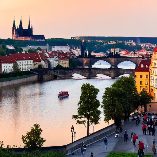 Image similar to a falcon 9 rocket launching from a river platform on Vltava river at sunset , background is the skyline of Prague castle, Charles bridge in the foreground, artistic photo