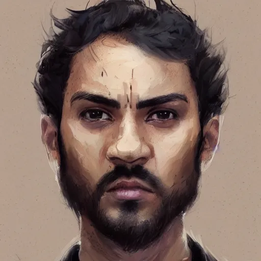 Image similar to Portrait of a man by Greg Rutkowski, he is about 30 years old, mixture between persian, indian and texan, wide forehead, short black hair, manly, attractive, strong and burly, he is wearing a utilitarian beige and black jumpsuit, highly detailed portrait, scifi, digital painting, artstation, concept art, smooth, sharp foccus ilustration, Artstation HQ