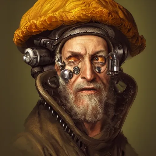 Image similar to portrait, headshot, digital painting, of a old 17th century, old cyborg merchant, amber jewels, baroque, ornate clothing, scifi, realistic, hyperdetailed, chiaroscuro, concept art, art by Franz Hals