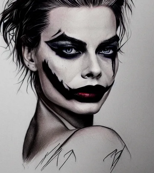 Image similar to tattoo design sketch of beautiful margot robbie portrait with joker makeup, in the style of den yakovlev, realistic face, black and white, faded sides, realism tattoo, hyper realistic, highly detailed