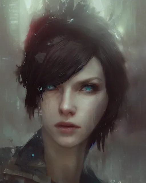 Image similar to beautiful charismatic, rugged jill valentine, face centered portrait, confident, ruined cityscape, fog, rain, volumetric lighting, soft light particles floating near her, illustration, perfectly shaded, soft painting, art by krenz cushart and wenjun lin