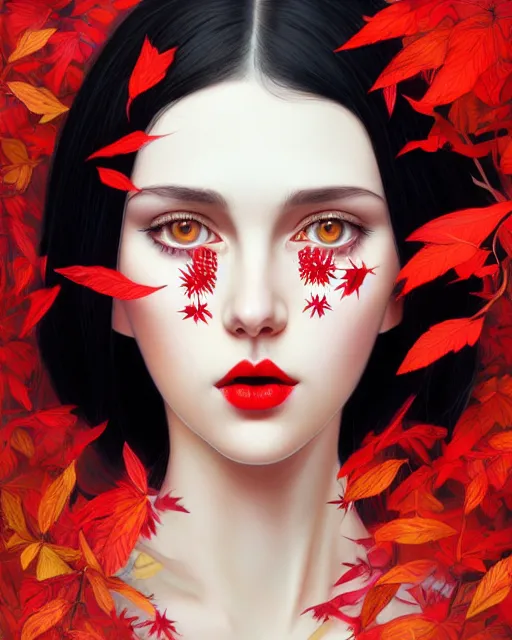 Prompt: highly detailed beautiful pale skin hippie, black hair, flying leaves on backround, symmetrical, red lips, paint by ilya kuvshinov and anna dittman trending on artstation, intricate details, energetic composition, golden ratio, concept art, illustration, elegant art