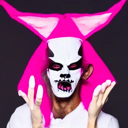 Prompt: bad bunny dressing up as a demon for halloween, artistic, pink pastel, realistic, close up, varying angles