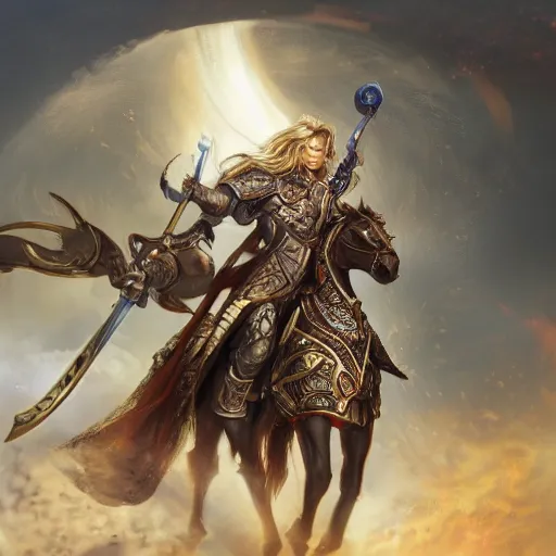 Image similar to Full body shot of beautiful male cleric with long flowing blonde hair wearing burnished bronze armour emblazoned with a swan on the breastplate. Wielding a magical scimitar embossed with the phases of the moon. Magic, bright divine lighting, flux. High fantasy, digital painting, HD, 4k, detailed by Ruan Jia