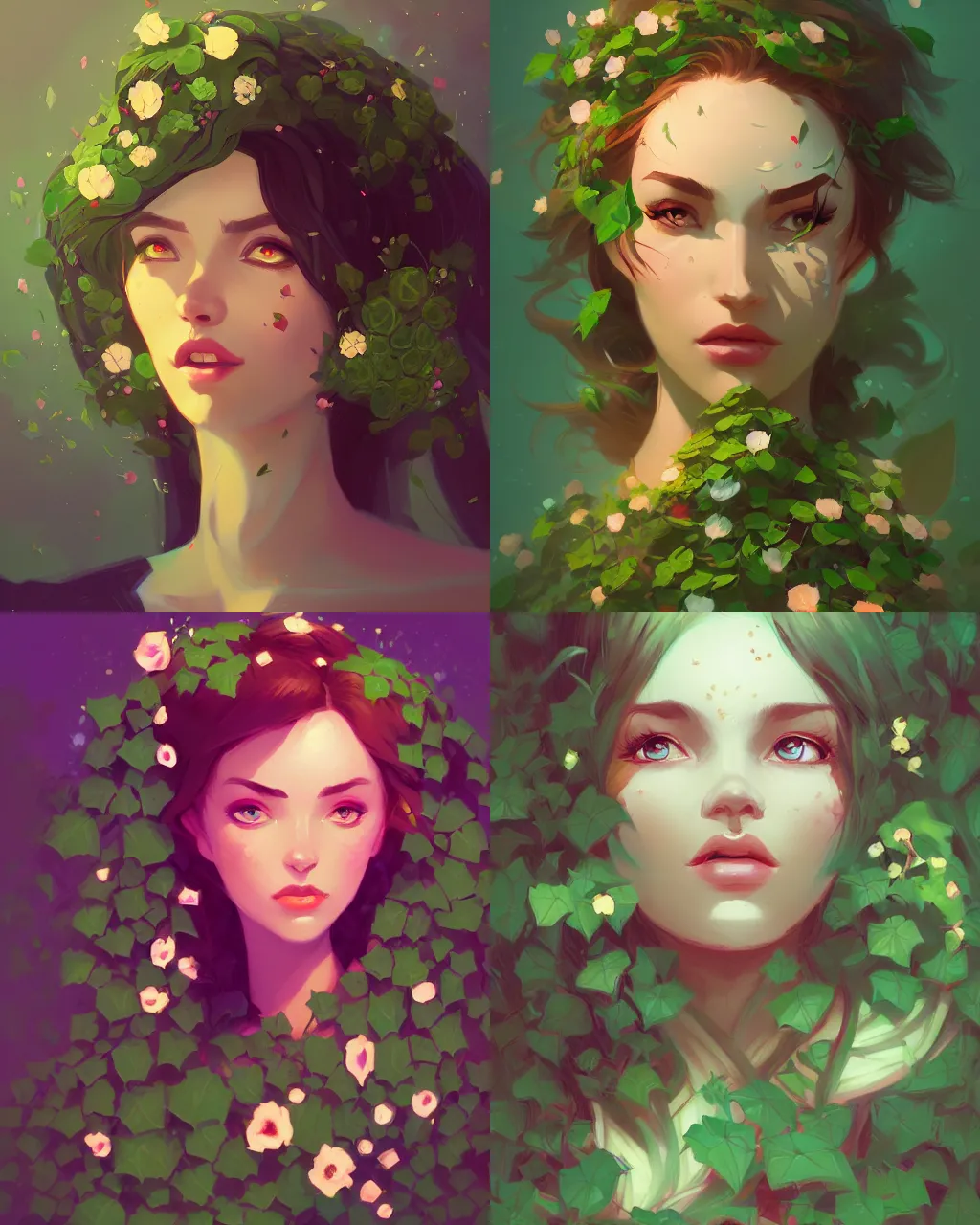 Prompt: Portrait of a woman wrapped in ivy and flowers, whirlwind of petals, radiant light, by ross tran and anton fadeev, artstation