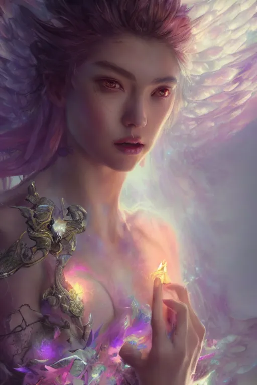 Image similar to half body closeup of extremely beautiful girl necromancer, magical fairy flowers and ice, angels, 3 d render, hyper - realistic detailed portrait, holding fire and electricity rainbow, ruan jia, wlop. scifi, fantasy, magic the gathering, hyper detailed, octane render, concept art, peter mohrbacher