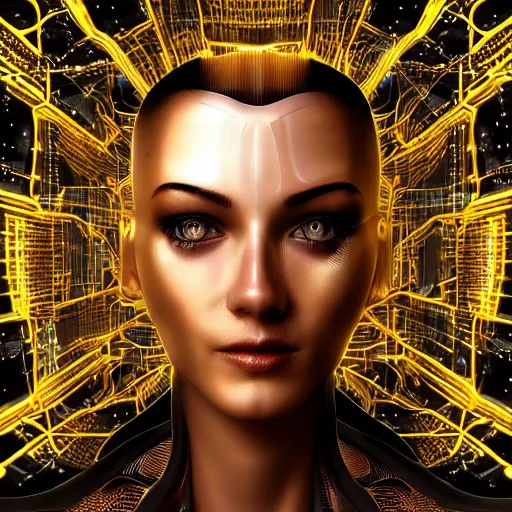 Image similar to an insanely detailed cibernetic artwork of a futuristic artificial intelligence superstar, centered image, with frames made of detailed fractals, octsne render, 4k, insanely detailed, cgi