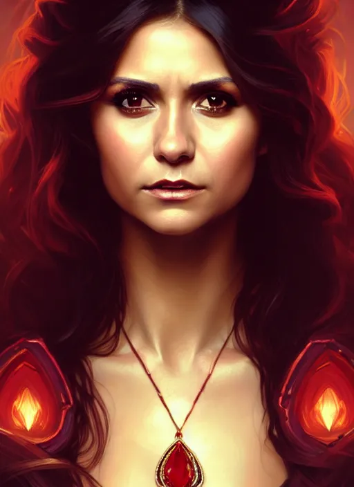 Prompt: portrait of nina dobrev as a sultry vampire queen, jewelry, greek, ruby, intricate, headshot, highly detailed, digital painting, artstation, concept art, sharp focus, cinematic lighting, illustration, art by artgerm and greg rutkowski, alphonse mucha, cgsociety