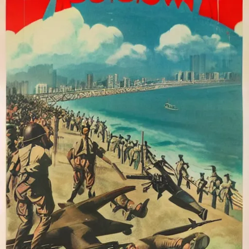 Image similar to ww 2 propaganda poster showing the tropical city of lagos nigeria with no text