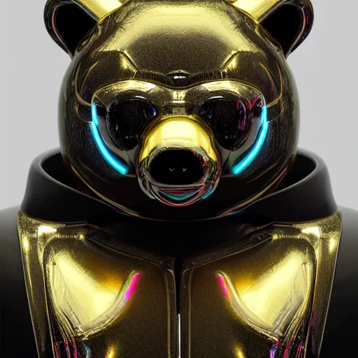 Prompt: chrome bear, glossy, metallic, neon, symmetrical, tribal patterns, realistic, unreal engine, octane, redshift, artstation, behance