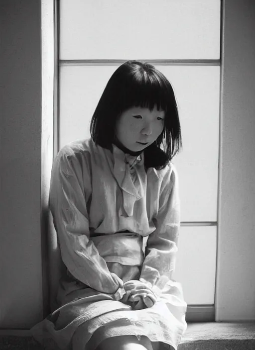 Image similar to photography girl looking sitting next to window by hisaji hara