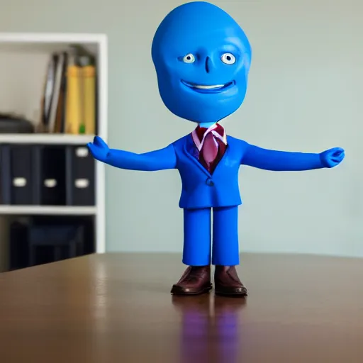 Prompt: professional portrait of an anthropomorphic cute blue clay man wearing a suit in an office, 8k, dslr, cinematic,