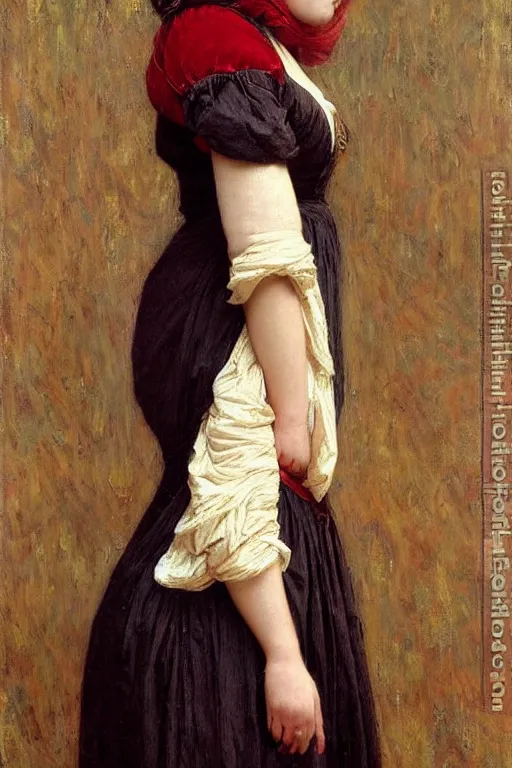 Image similar to John William Godward and Solomon Joseph Solomon and Richard Schmid and Jeremy Lipking victorian genre painting full length portrait painting of a young beautiful woman traditional german french barmaid in fantasy costume, red background