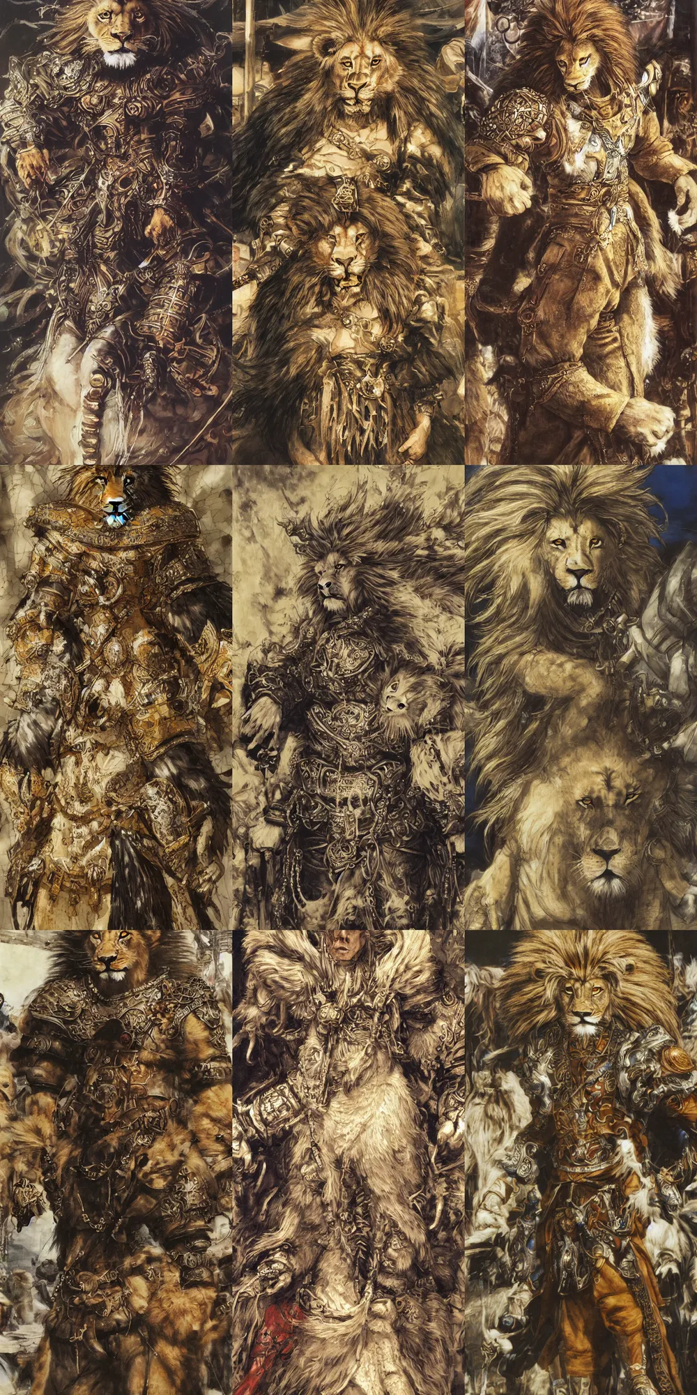 Image similar to 8 k yoshitaka amano painting of upper body of a young cool looking lion beastman with white mane at a medieval market at windy day. depth of field. he is wearing complex fantasy clothing. he has huge paws. renaissance style lighting.