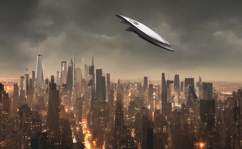 Image similar to a spaceship designed by peter schreyer flying over NYC in style of blade runner 2049