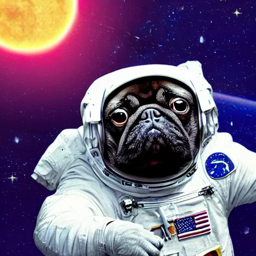 Image similar to hyper realistic, highly detailed, astronaut pug in space. solar eclipse in back.