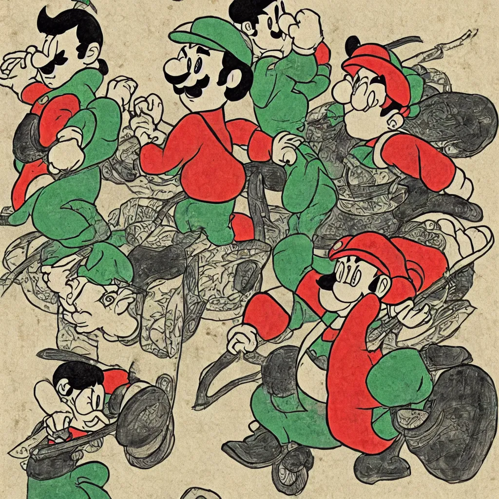 Prompt: Mario and Luigi depicted as an Edo-era illustration