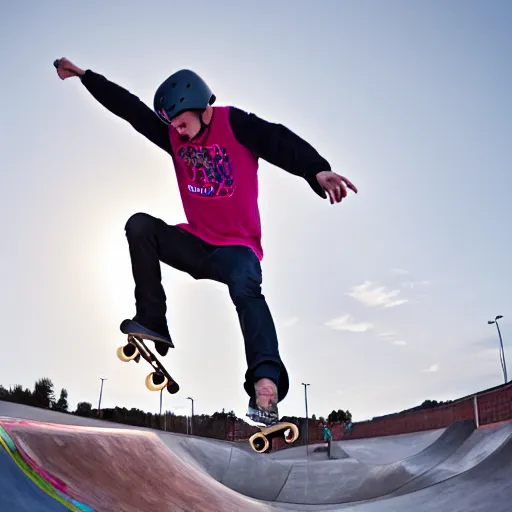 Image similar to professional photo of a skateboarder performing a grab trick, focused on brightly colored deck, 8 k, bright ambient lighting key light, 8 5 mm f 1. 8