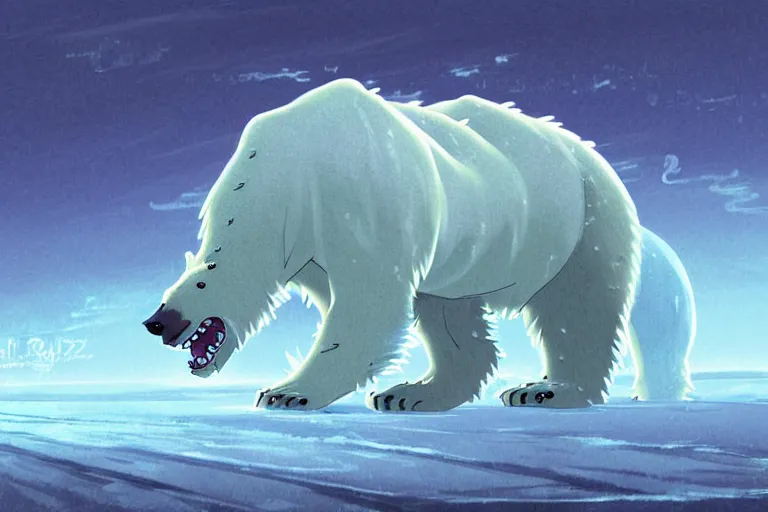 Image similar to cell shaded cartoon of a giant lovecraftian mechanized polar bear from howl's moving castle ( 2 0 0 4 ), on an icy road in the mist, full body, wide shot, very muted colors, post grunge, studio ghibli, highly detailed, deviantart, art by artgem