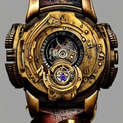 Image similar to post-apocalyptic steampunk watch, golden and purple, artstation, high detailed