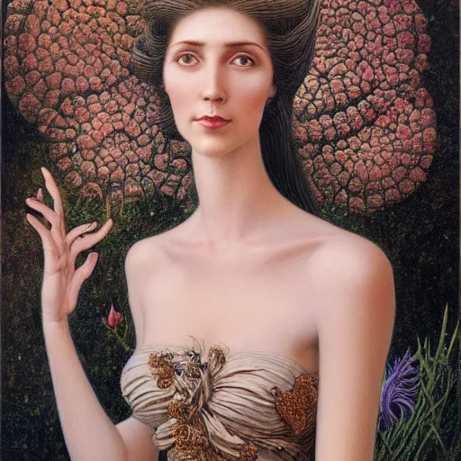 Image similar to facial portrait of a young pretty woman in flowing dress, arrogant, mysterious, long fine flowing hair, delicate, looking at camera, slightly awkward smile, realistic face, hands behind back, intricate, stylish, elegant, grimdark fantasy, flowers, extremely detailed painting inspired by Gerald Brom and Ernst Haeckel and Greg Rutkowski