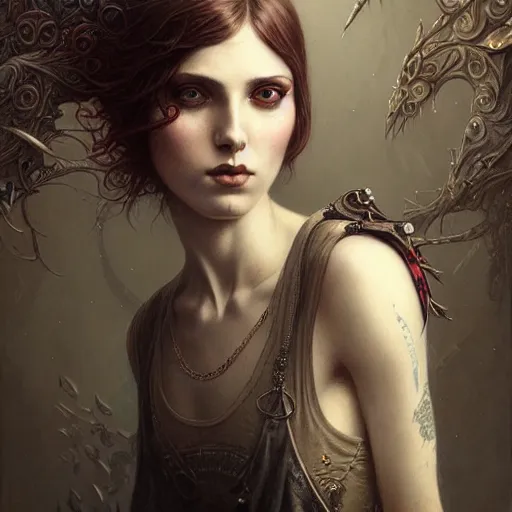 Image similar to a selfie of an emo girl in a tank top, intricate, elegant, highly detailed, smooth, sharp focus, award - winning, masterpiece, in the style of tom bagshaw, cedric peyravernay, peter mohrbacher