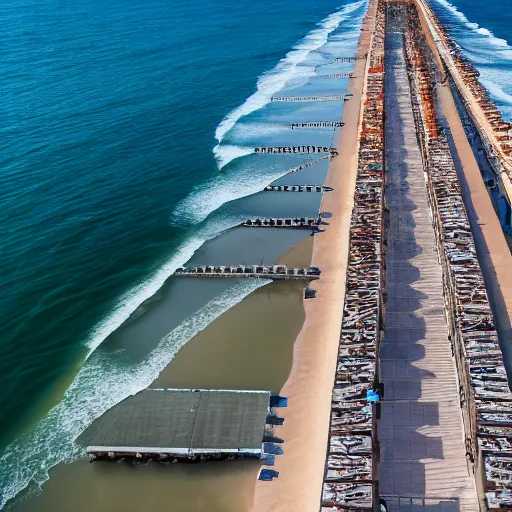 Image similar to a drone shot of the pier in Lido di Ostia, aerial view, photograph, photorealistic, detailed, sharp image, 8k SDR, award-winning, beautiful,