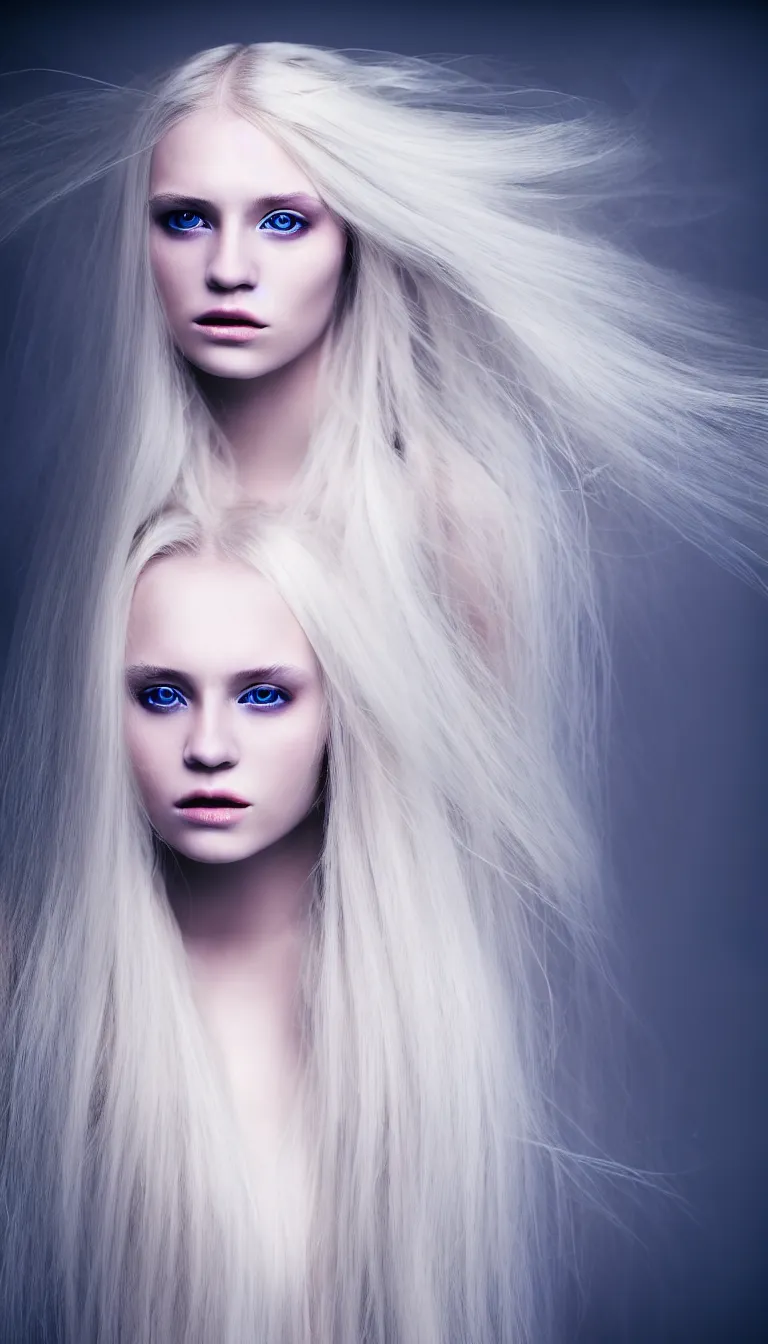 Image similar to photo portrait of a young woman with long blond hair dressed in long white, fine art photography light painting in style of Paolo Roversi, professional studio lighting, dark background, hyper realistic photography, fashion magazine style