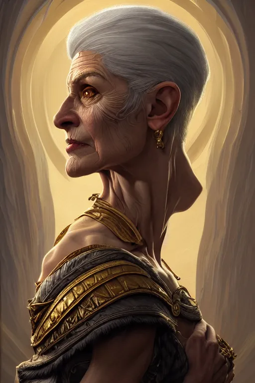 Image similar to portrait of a middle aged grey haired woman in the style of god of war, golden machine parts, intricate, elegant, highly detailed, digital painting, artstation, concept art, smooth, sharp focus, illustration, art by artgerm and greg rutkowski and alphonse mucha, 8 k