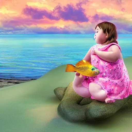 Image similar to spectacular scene of a little fat sweet girl with flowery dress, sitting on the sand, with a colorful fish, by the stormy lake. clear beautiful fat face. morning time. an amazingly beautiful scene. beautiful lighting, 4 k post - processing, trending in art station, cg society, highly detailed, 5 k extremely detailed, 3 d. stylize scene.