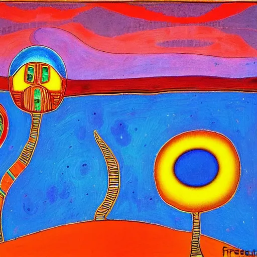 Prompt: the desert and the blue moon by Friedensreich Hundertwasser