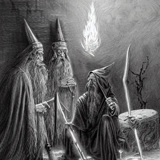 Image similar to the evil ian mckellen smithing on an anvil as gandalf in a dark viking hood playing odin all father crafting a neural network with golden synapses on an anvil with fire, highly detailed, cinematic shot, cinematic lighting, 8 k, exquisit facial detail, painting by gustave dore