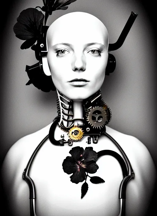 Image similar to black and white dreamy foggy profile face portrait, one steampunk eye biomechanical beautiful young female cyborg - robot, body ribs meshes, big monocular, volumetric light, hibiscus flowers, by hg giger, rim light, by dora maar and cecile beaton, big gothic fashion pearl embroidered collar, 8 k