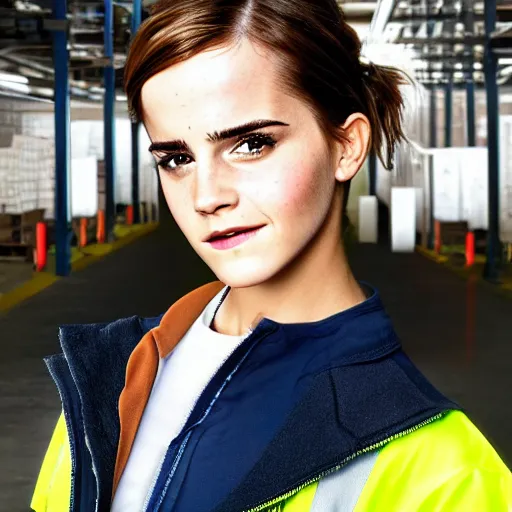 Image similar to photo, close up, emma watson in a hi vis vest, in warehouse, 2 0 0 8 android cameraphone, low contrast, 2 6 mm,