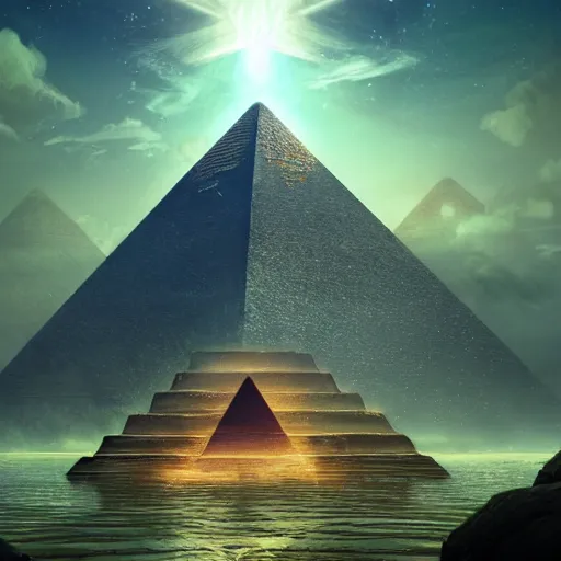 Image similar to pyramid in space or in water, a magical ancient pyramid, gold, treasure, lara croft charater, realistic illustration, pyramid surrounded with greenery, illustrations, 3 d render, illustrated, incredible details, highly detailed, photorealistic, disney pixar, octane render, iridescent, anime, 8 k