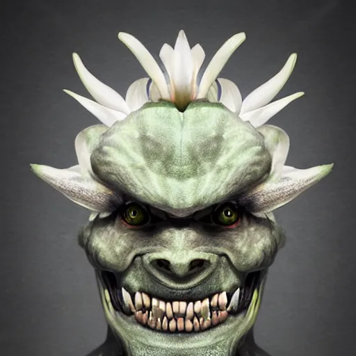 Prompt: a frontal studio headshot photograph of an elder demon. a large lily asiatic with teeth.