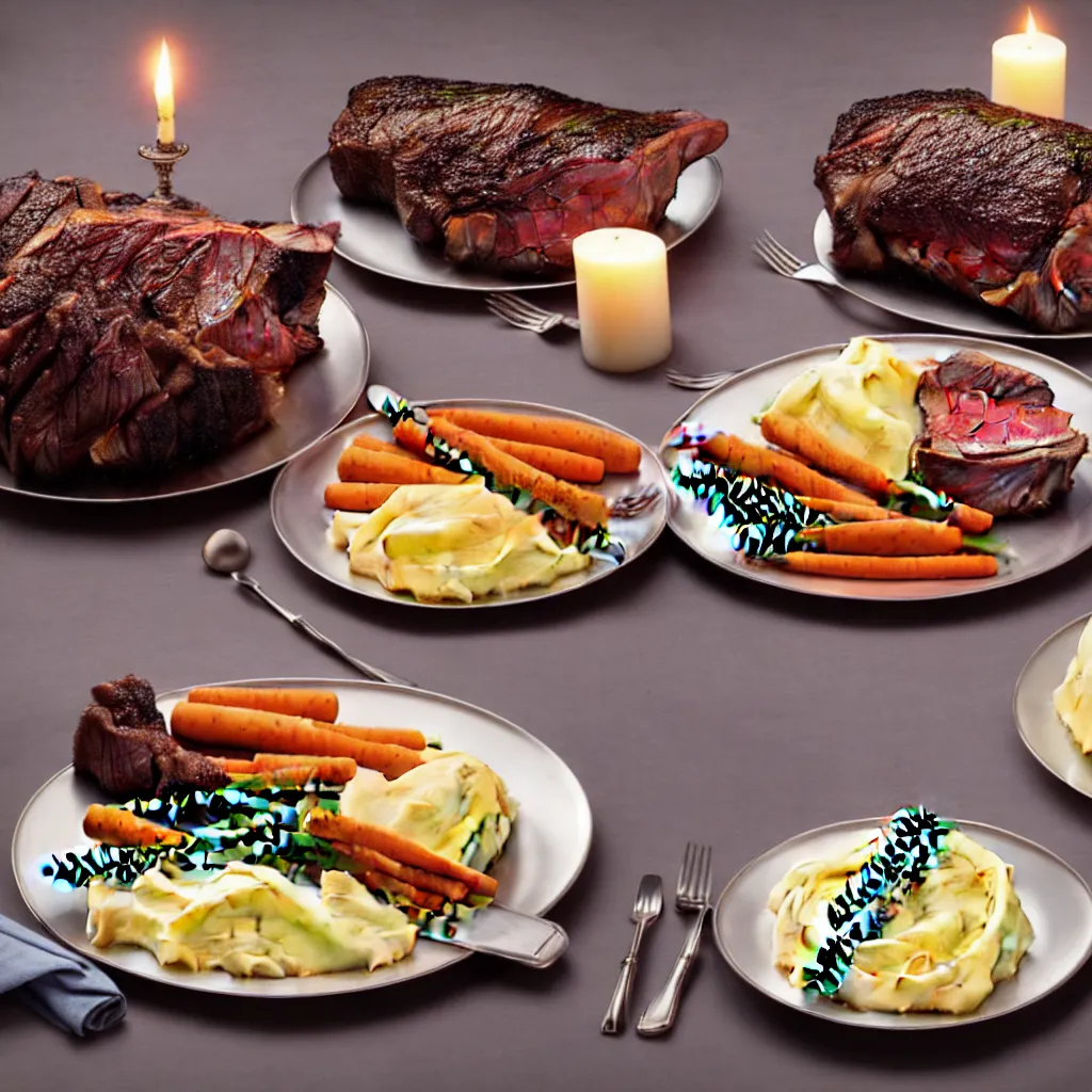 Image similar to product shot of a dinner with prime rib, asparagus, mashed potatoes and gravy, and steamed carrots with blue table cloth and lit candles in ornate silver candlesticks, ultra - realistic, photo realism, professional photograph, extreme detail, deep focus, laser sharp, volumetric lighting, atmospheric, luxury, elite