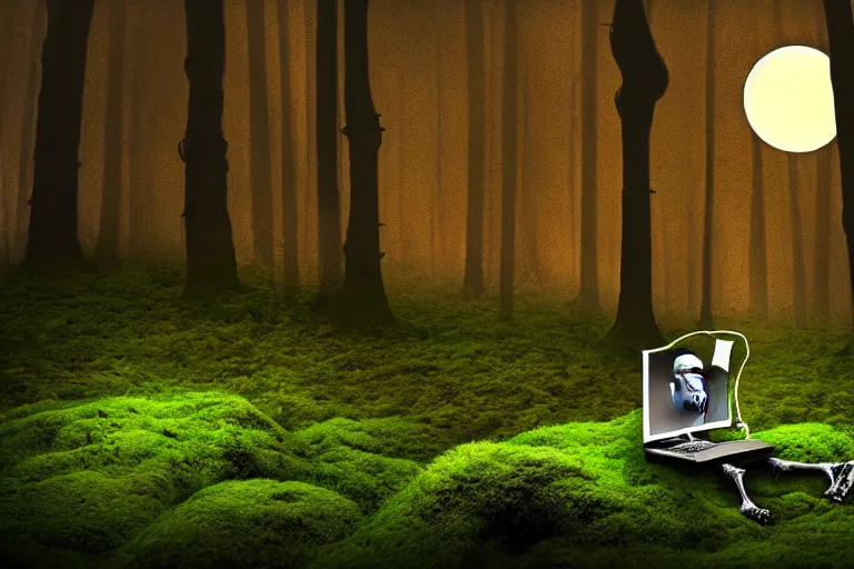 Prompt: a burning with fire human skeleton sitting behind computer, overgrown with moss, in foggy forest, at night with moon light, dark atmosphere, fantasy, digital art