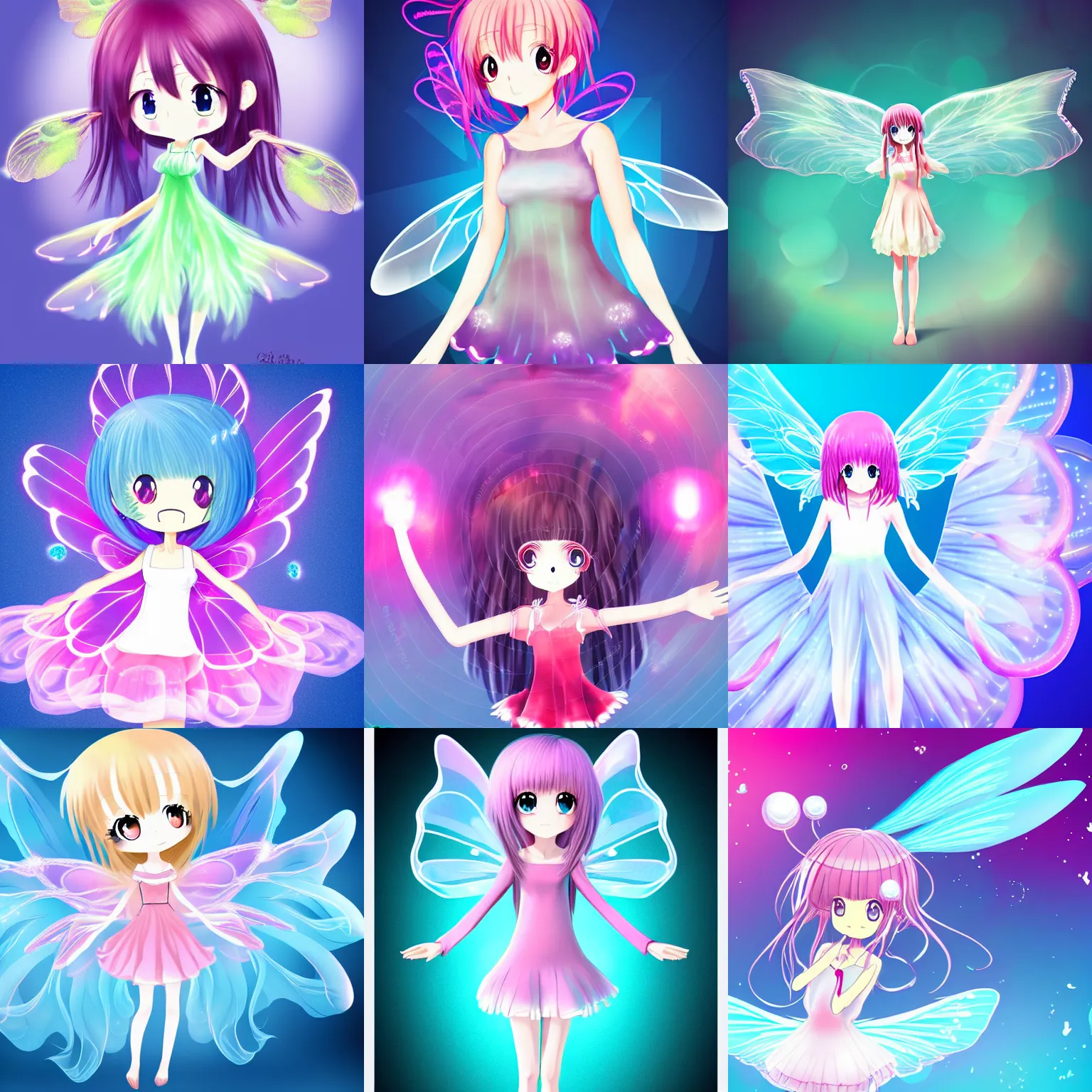 Prompt: cute, full body, female, anime style, a lively jelly fish girl with fairy wings, large eyes, beautiful lighting, sharp focus, simple background, creative
