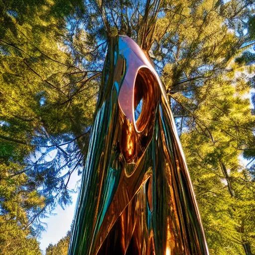 Prompt: polished copper treehouse strange attractor sculptures and geometric shadows, tall redwood forest, twilight, by robert maguire, charles o. perry, zack snyder, featured on deviantart, intricate, excited, wide - angle, kodak ektar