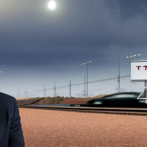 Prompt: elon musk sitting in a tesla driving to mars on a train track, 4 k, detailed, realistic,