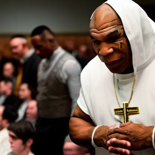 Image similar to Mike Tyson as a catholic priest praying over his congregation