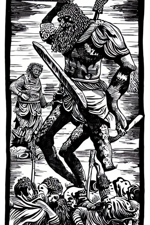 Image similar to ancient historically accurate depiction of the Bible Character Goliath of Gath, the Philistine warrior giant by mcbess