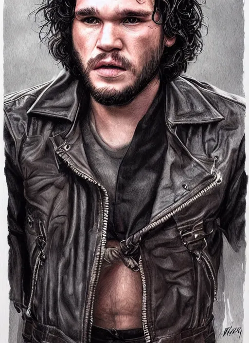 Image similar to portrait of kit harrington, gritty, dark, wearing a leather jacket, hairy chest, very detailed eyes, hyperrealistic, very detailed painting by Glenn Fabry, by Joao Ruas, by Artgerm