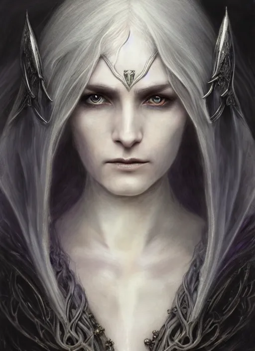 Image similar to immortal majestic elven sorceress wearing a cloak, long beautiful strands of pale white hair, engraving, concept art, elden ring, illustration, smooth, sharp focus, by gustave dore and greg rutkowski, hyper realistic face, piercing beautiful eyes, fantasy art, in the style of midjourney, intricate, alphonse mucha, hyper detailed